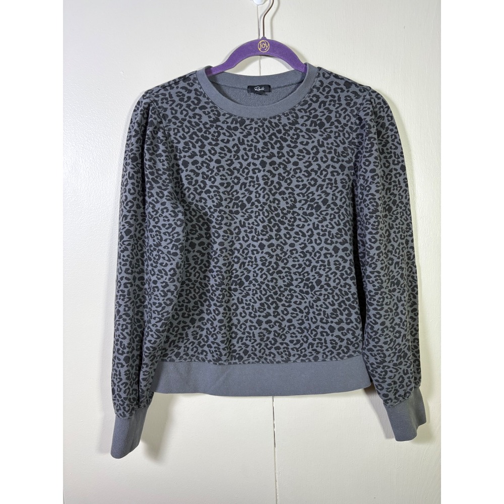 Rails Gray Black Leopard Print Puff Sleeve Crewneck Sweatshirt S Mob Wife Edgy